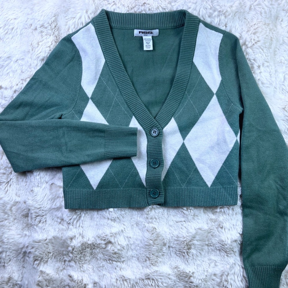 RSQ Women Sage Green Argyle Cropped Cardigan Sweater Small V-Neck Knit Top. A30